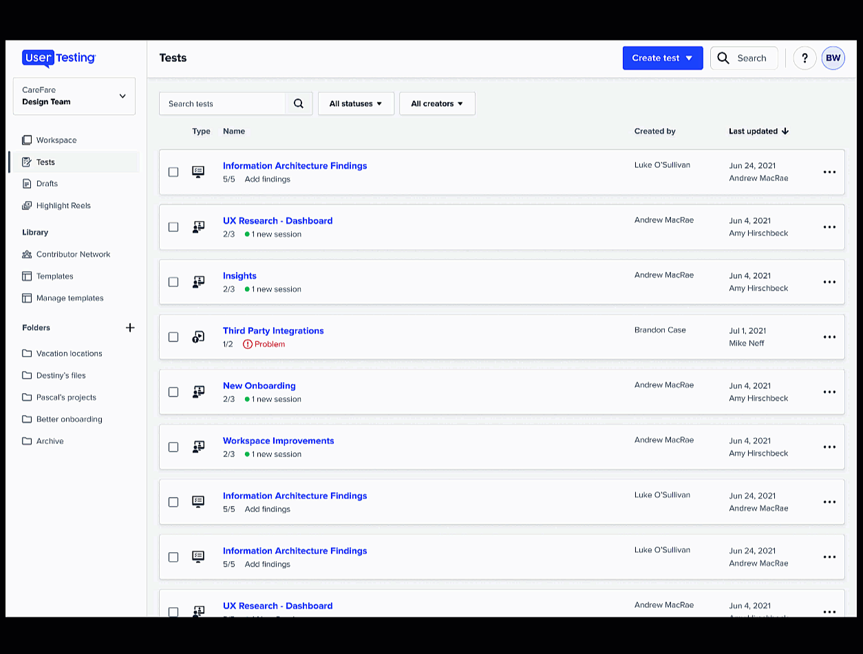 UserTesting Global Search animated prototype sequence
